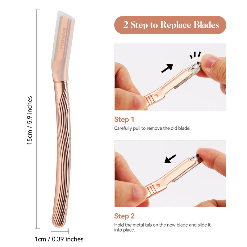 [Australia] - Eyebrow Razor, Face Razors for Women and Men, Reusable Metal Handle with 6 Refill Blades, Eyebrow Trimmer with Precision Cover, Dermaplane Razor, Skin Care Tool - Rose Gold 