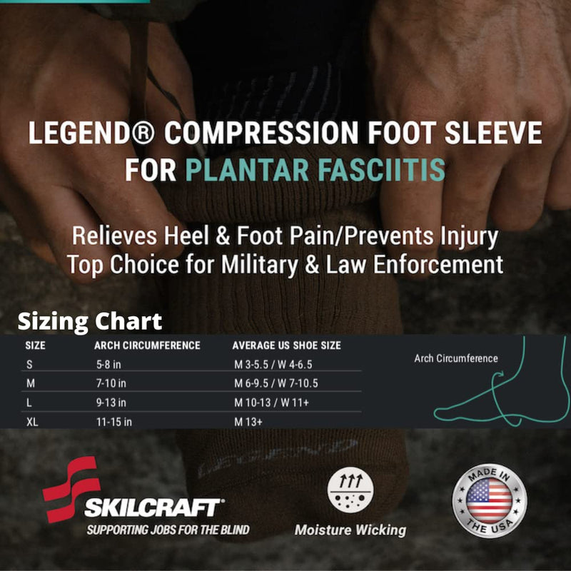 LEGEND Compression Wear Foot Sleeve, Plantar Fasciitis Relief, Heel, Foot, and Arch Pain Support, Swollen Feet, Made in the USA, Black, 1 Sleeve, Small
