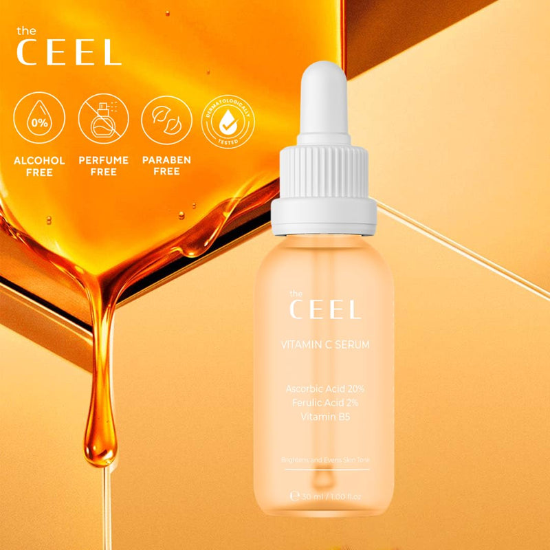 The Ceel 20% Vitamin C Brightening Anti-Aging Serum for Face with Ascorbic, Ferulic Acid & Vitamin B5 - Paraben & Perfume Free Skin Care Formula for Hydration, Wrinkles, Dark Spots, & Radiance - 30ml