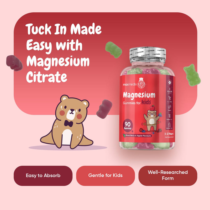 Kids Magnesium Gummies - 90 Gummies - 3 Months Supply - Natural Mixed Berry and Apple Flavours - 727mg of Mg Citrate (80mg Elemental) - 1 per Day - Vegan, Gluten-Free & Lactose-Free Magnesium for Kids