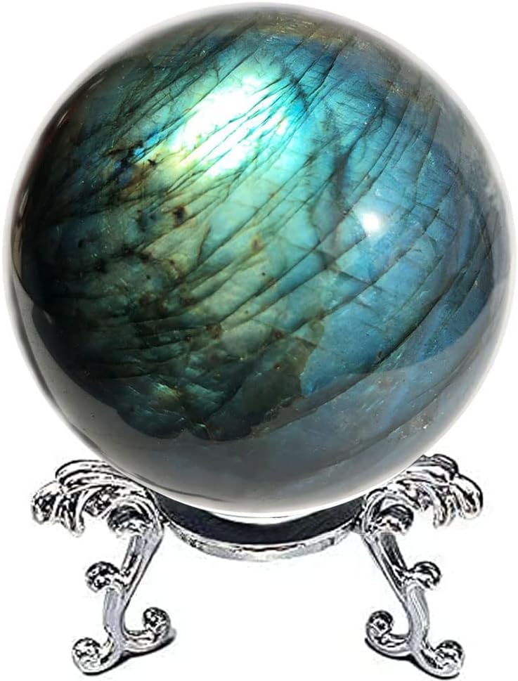 Natural Labradorite Sphere Rock Quartz Crystal Ball Healing Ornament Specimen + Pedestal (500g) 500g
