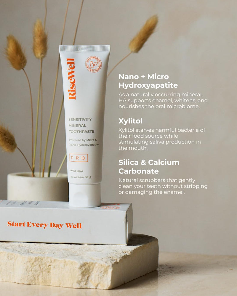 RiseWell PRO Mineral Toothpaste - Micro & Nano Hydroxyapatite Toothpaste with Xylitol for Sensitive Teeth -Safe to Swallow Dental Care, Natural Teeth Whitening for Daily Dental Hygiene (Wild Mint)