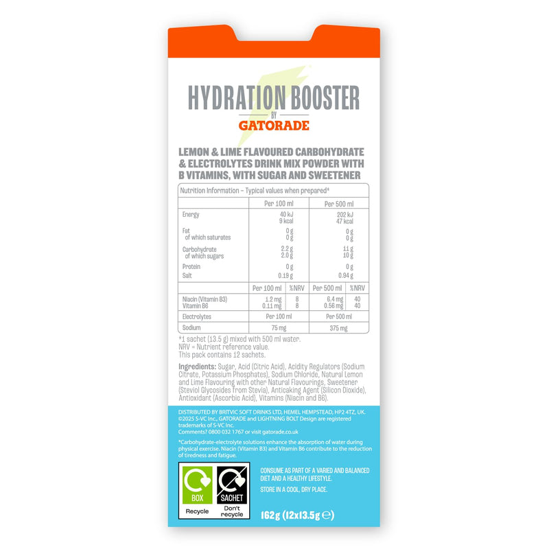 Hydration Booster by Gatorade Carbohydrate-Electrolyte Sachets - Hydration Powder Drink Mix with Carbohydrates, Electrolytes and B Vitamins (Lemon Lime, 12 Servings) Lemon Lime
