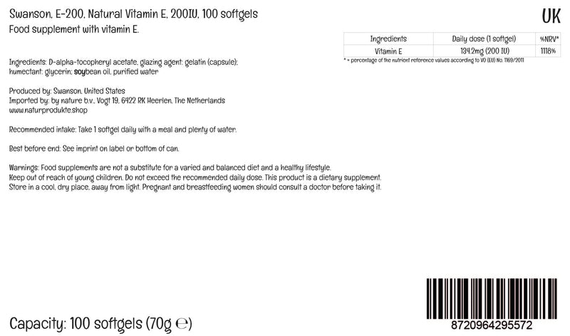 Swanson, E-200, High-Dose Vitamin E, 200IU, 100 Softgels, Gluten-Free, GMO-Free 100 count (Pack of 1)