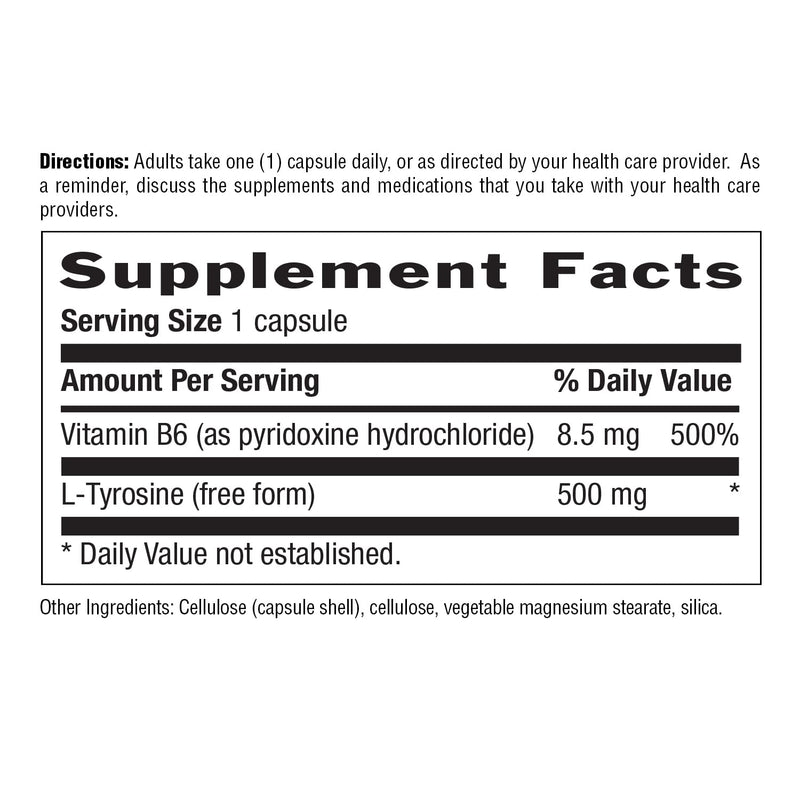 Country Life L-Tyrosine 500mg with Vitamin B6 Supplement - Certified Gluten-Free, Vegetarian, Kosher, Boosts Focus & Energy, Supports Brain Health, Enhances Mental Clarity, Non-GMO - 100 Capsules