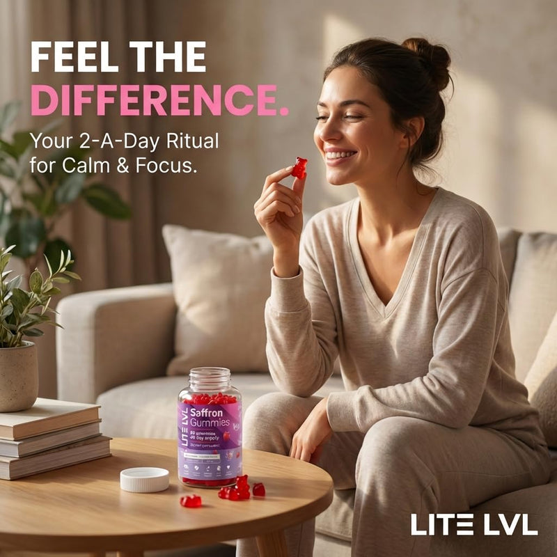 LITE LVL - 60 x Natural Strawberry Flavoured Saffron Extract Gummies - Daily Serving 2 Gummies per Day - Relax Unwind- Rich in Antioxidants - Saffron Supplement