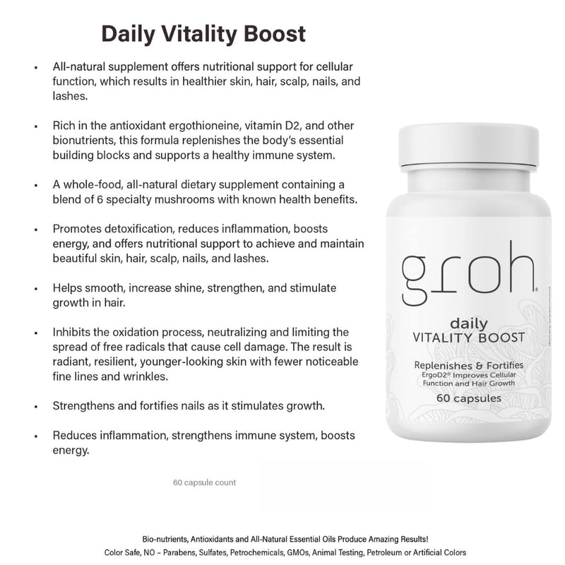 Groh Daily Vitality Boost - All Natural Hair Growth Supplement powered by ErgoD2 - Rich in Antioxidants - Vitamins for Stronger Hair, Skin & Nails- Best Choice for Thinning Hair - 60 Count