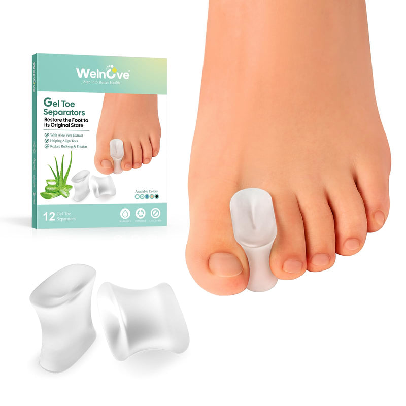 [Australia] - Welnove Aloe Vera Toe Separator, Pack of 12 Silicone Toe Separators, Bunion Pads for Straightening Protruding Toes, Bunions, Calluses - Bunion Aid for Men and Women Clear 