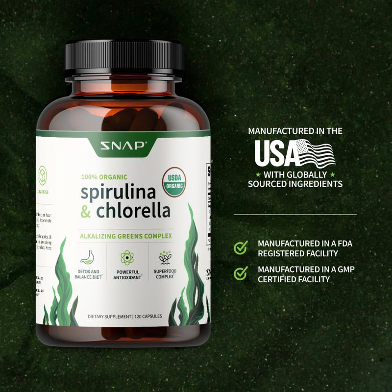 [Australia] - Snap Supplements USDA Organic Spirulina Chlorella Capsules - Green Superfoods for Natural Energy and Metabolic Health, 120 Capsules 