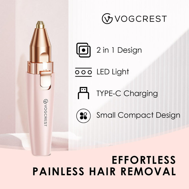 VG VOGCREST Eyebrow Facial Trimmer: 2 in1 Rechargeable Facial Hair Removal and Eyebrow Shaver - Face Lips Body Painless Facial Razor with Built-in LED Light (Pink) Pink