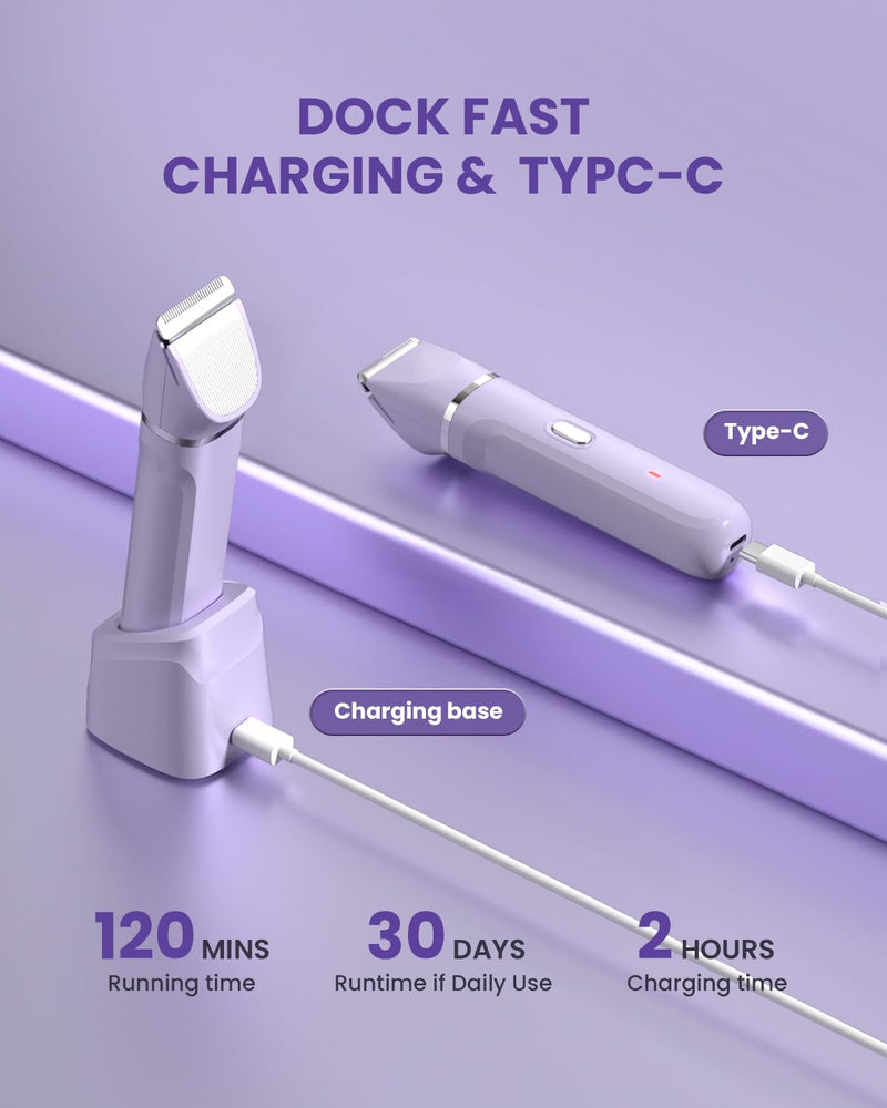 Bikini Trimmer for Women - 5 in 1 Electric Razors for Ladys Pubic Facial Nose Body Leg Hair Removal, Waterproof Electric Shaver for Women Private Area Sensitive Skin, Personal Hair Trimmer Purple