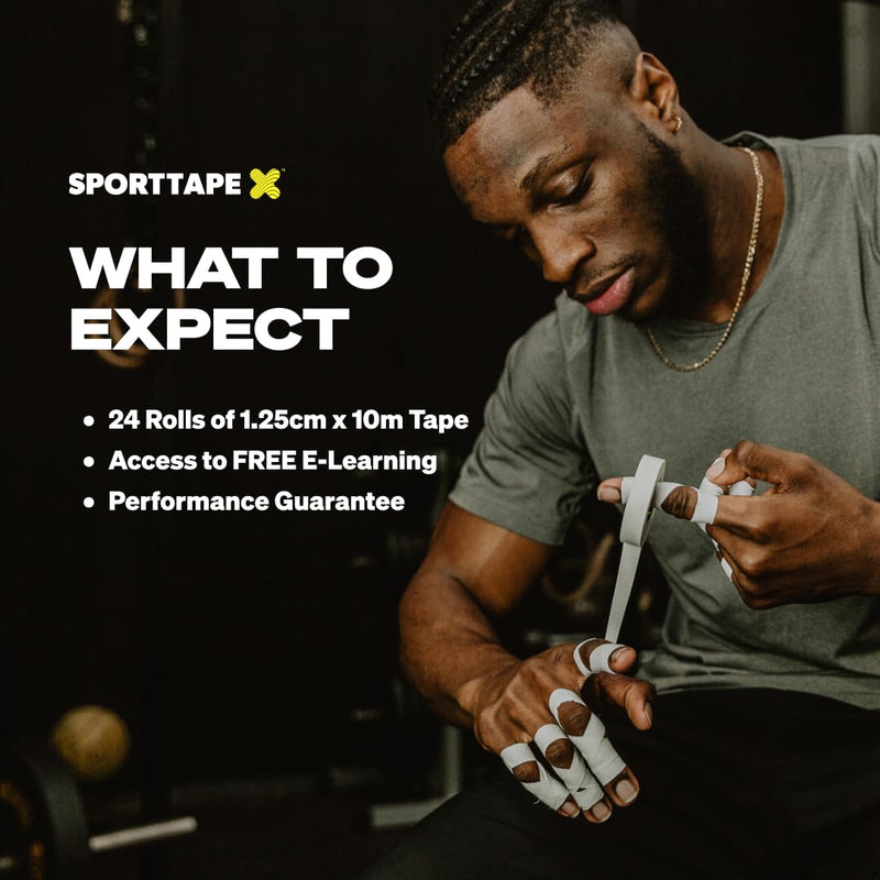 SPORTTAPE Box of 24 Rolls Zinc Oxide Finger Tape - White - 1.25cm x 10m | For Jiu Jitsu, Bouldering, Rock Climbing, BJJ, Crossfit, Rowing, Climbing & Golf (12 Packs of 2 Rolls) 1.25cm x 10m - 24 Rolls