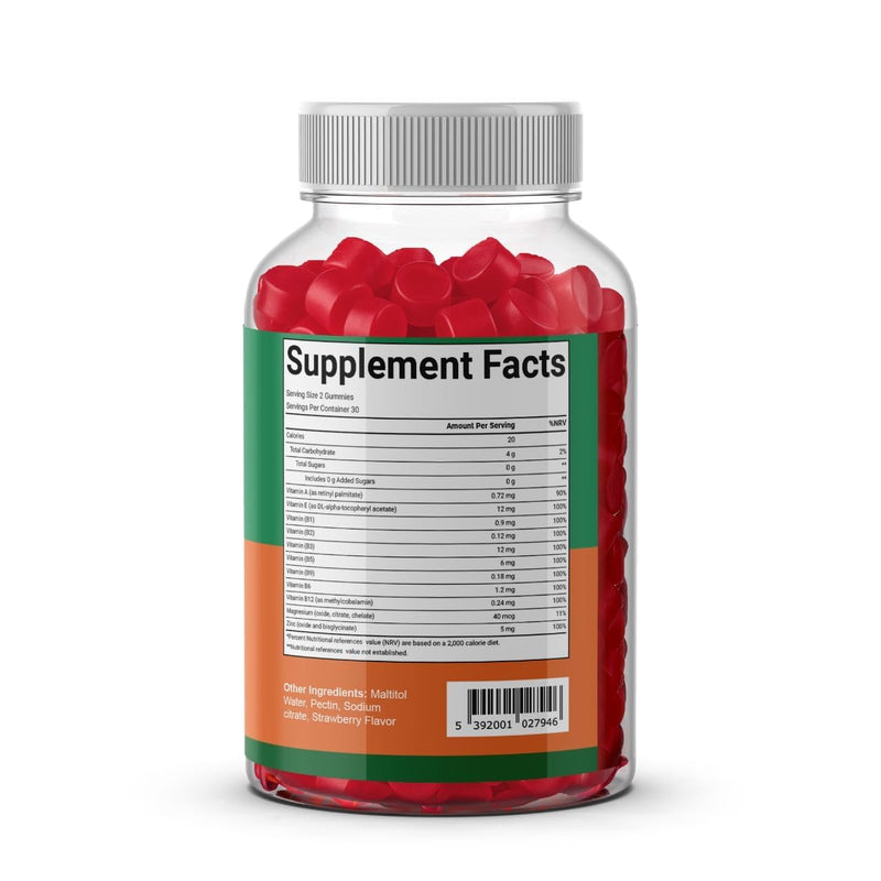 Multivitamin Gummies for Adults | 12 Essential Vitamins & Minerals with B-Complex, Zinc & Magnesium | Gluten & Sugar Free | Daily Supplement | Strawberry Flavour | 60 Gummies Gaelwell®