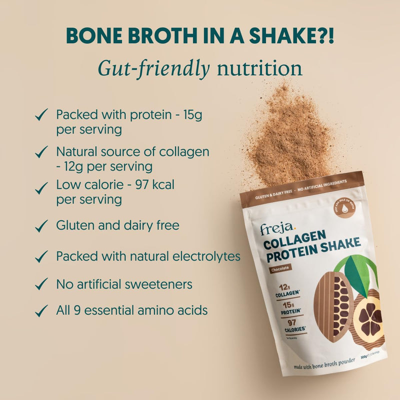 Freja Collagen Protein Shake, Chocolate, 300g | Natural Bone Broth Powder, Dairy Free, Gluten Free, 12 Servings