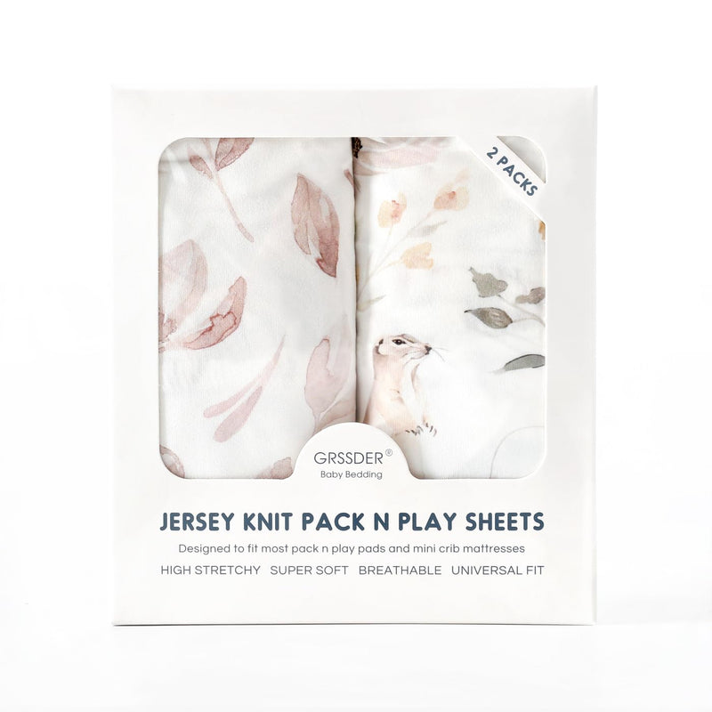 [Australia] - Pack n Play Sheets FItted 2 Pack, Stretchy Ultra Soft Jersey Knit Pack and Play Sheets, Universal Fitted Portable/Mini Crib Mattresses Snug and Safe, Beautiful Blush Pink Floral and Cute Animals Print 