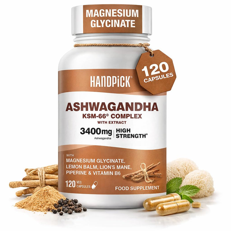 HANDPICK KSM-66 Ashwagandha 3400 mg (120 Capsules | 2 Month Supply) – Extra Strength 10:1 Extract with Magnesium, Lemon Balm, Lion’s Mane & Vitamin B6 – Supplement for Men & Women