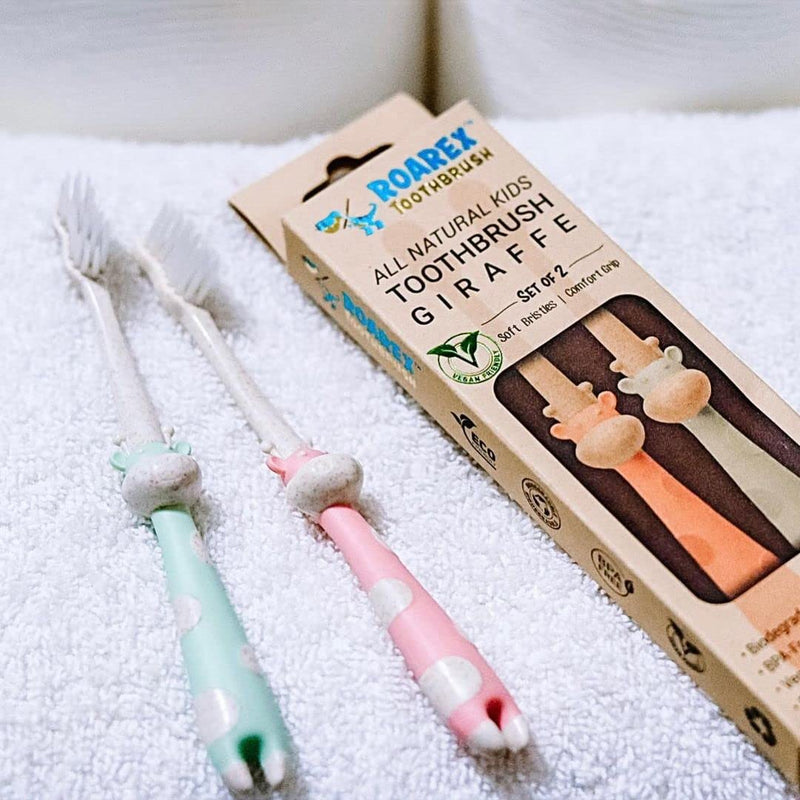 [Australia] - ROARex® All-Natural Eco Friendly Kids Toothbrush Made from Plants - Giraffe 4-36m - Baby to Toddler - Rose/Mint - 4pk | 1% for The Planet Product 4 Count (Pack of 1) Green,pink 
