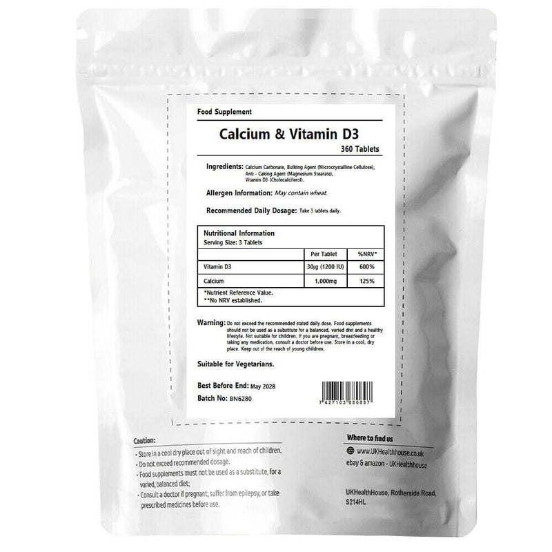 UKHealthHouse Calcium & Vitamin D3 Tablets – High Strength 1000mg Calcium Carbonate with 1200 IU Vitamin D3 | Supports Strong Bones & Teeth | 360 Vegan Tablets 360 count (Pack of 1)