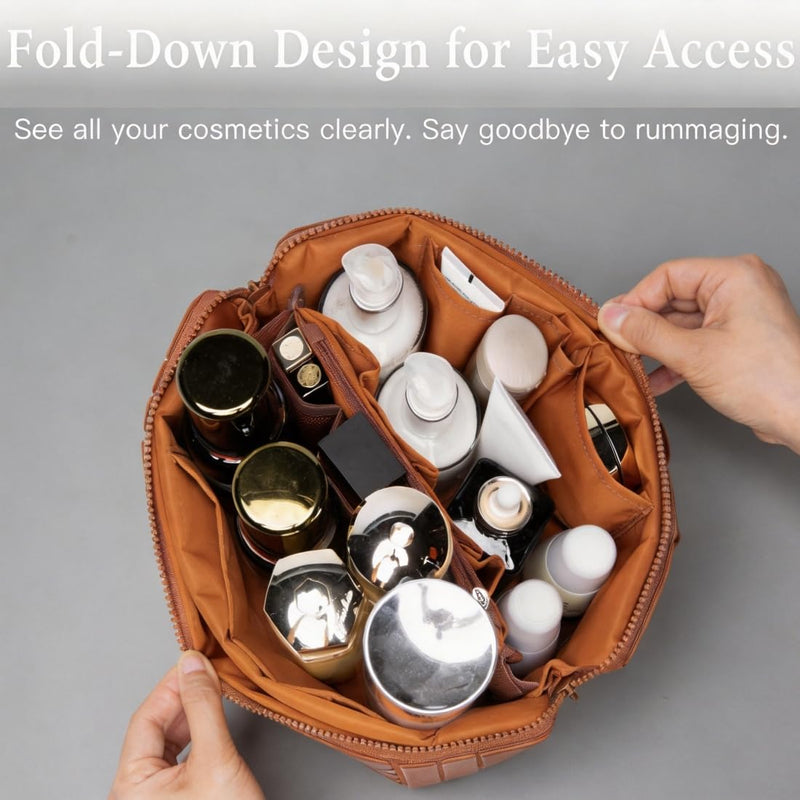 Travel Makeup Bag for Women - Large Capacity Waterproof Cosmetic Organizer with Fold Down & Pull Open Design, Toiletry Bag (Brown)