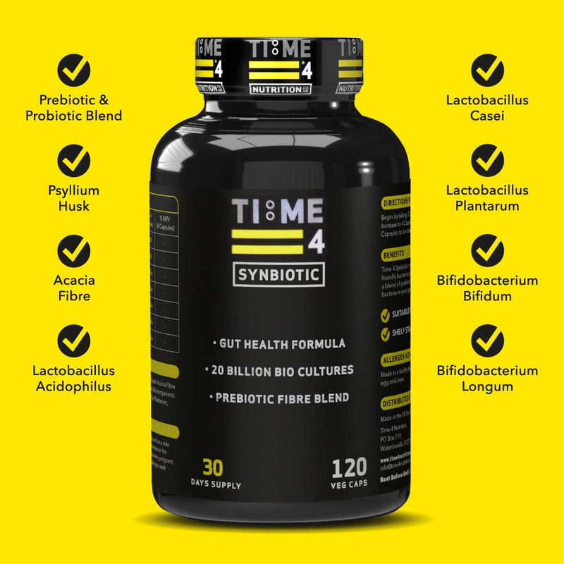 Time 4 Synbiotic – Advanced Vegan Friendly Prebiotics & Probiotic Supplement, Prebiotic Fibre Blend, Friendly Bacteria, 20 Billion CFU, Lactobacillus, Gut Health Supplements 120 Capsules 30 Day Supply