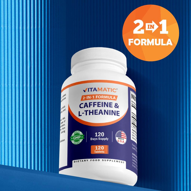 Vitamatic L-Theanine 200mg with Caffeine 100mg 120 Vegetarian Tablets - Nootropic Supplement for Focused Energy