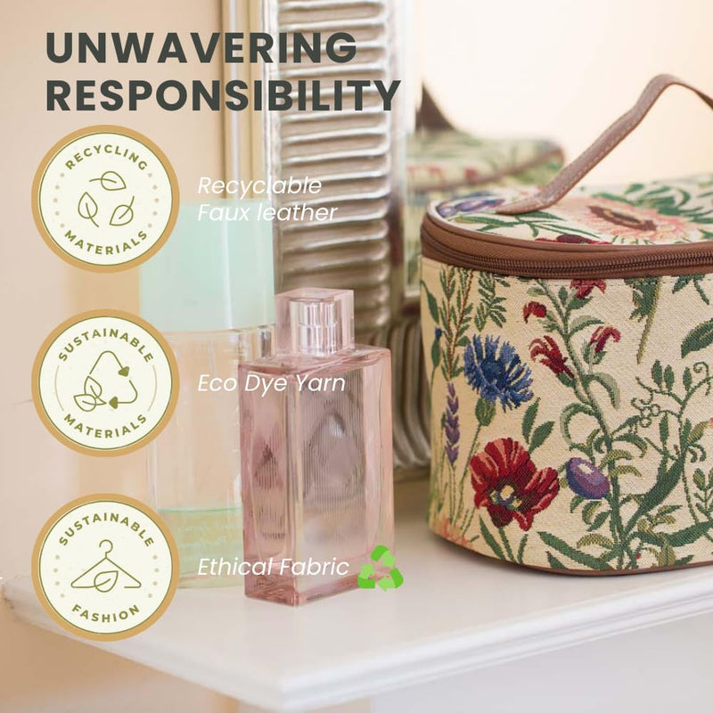 Signare Tapestry Toiletry Bag Makeup Organizer bag for Women with Sunflower Poppy Butterfly Dragonfly Morning Garden Design (TOIL-MGD)