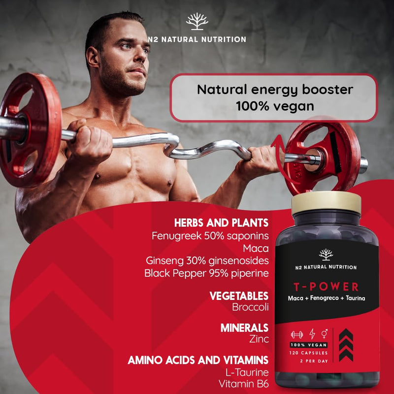 Testosterone Booster Complex for Men with Fenugreek, L-Taurine Maca Gingseng, Zinc, L-Taurine, Black Pepper. Mood Stimulant, Endurance, Energy. Pre Workout. 120 Capsules. Vegan. N2 Natural Nutrition 120 count (Pack of 1)