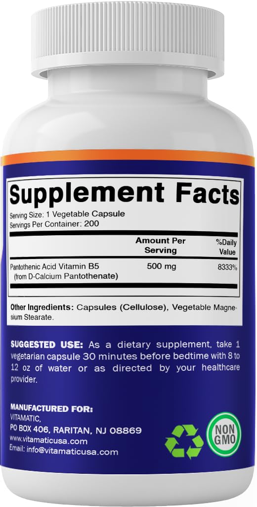 Vitamatic Pantothenic Acid (Vitamin B5) 500 mg, 200 Vegetarian Capsules | Supports Energy Metabolism*, Coenzyme Production*, Nutrient Metabolism, Non-GMO, Gluten Free, Made in USA