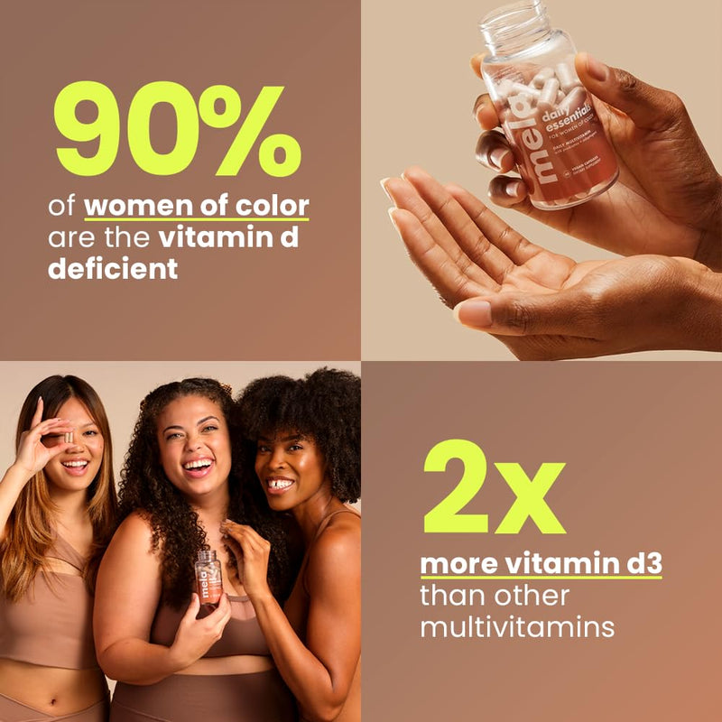Mela Daily Essentials Multivitamin for Melanated Women - High-Dose Vitamin D3 and B12, Probiotics, Lion's Mane, Ceylon Cinnamon - Vegan, Gluten Free, Non-GMO, 30 Day Supply (60 Capsules)