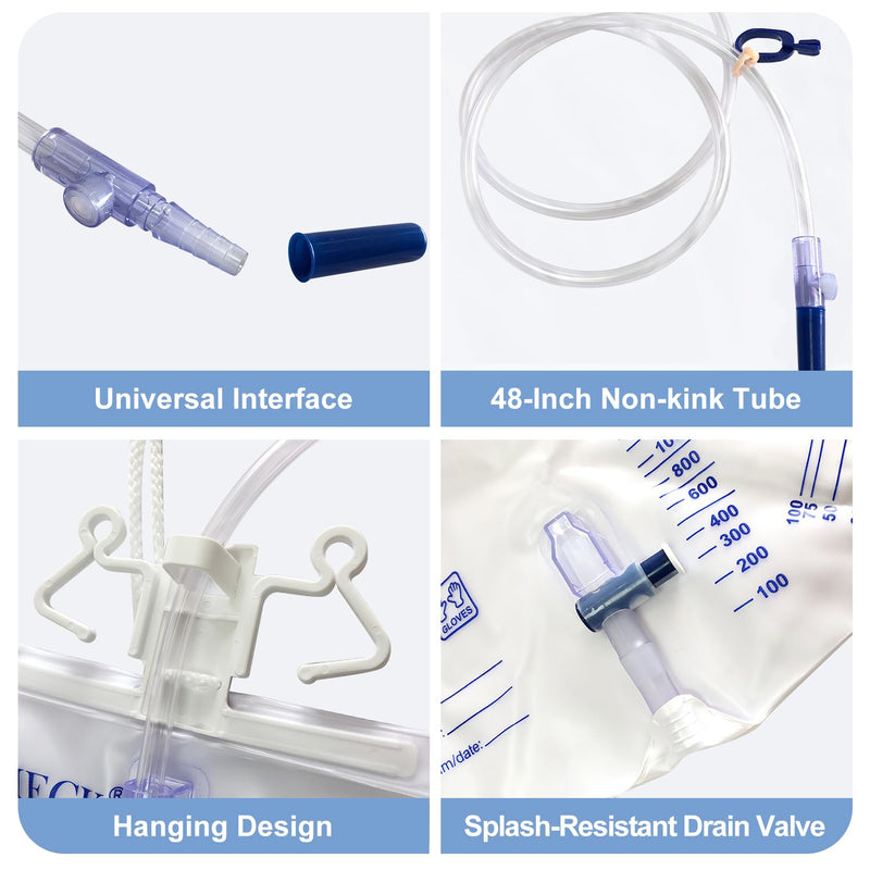 [Australia] - 5 Pack Urinary Drainage Bag with Anti-Reflux Chamber,2000mL Urine Bags with 48" Tube Drainage,Splash-Resistant Drain Spout,Clips and Hanging Hook,Disposable Urine Bags for Men 5 Pack 