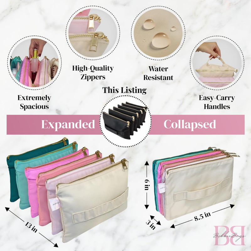 BOBBIE Accordion Travel Makeup Bag, Large Capacity Cosmetic Bags for Women, Durable & Compact Make up Organizer, Lightweight & Portable Zipper Pouch, Water-Resistant Toiletry Bag with 6 Compartments Little Black Bag - MIDI (6" x 9") - 6 Compartment