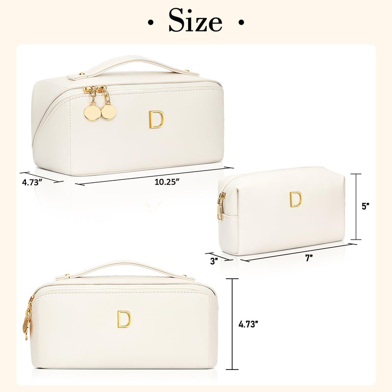 Initial Makeup Bag Personalized Gift for Women Teen Girls | Waterproof PU Leather, Open Flat Design Cosmetic Bag, Multiple Compartments Travel Toiletry Bag (Large Beige, D) Large Beige
