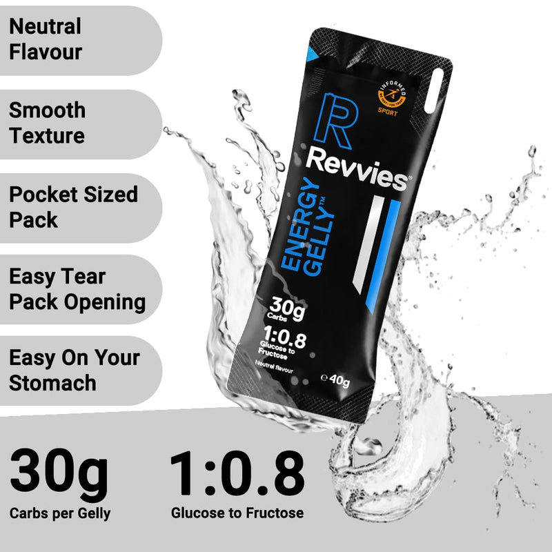 REVVIES Energy Gelly - 12-Pack | 30g Dual Source Carbs | Easy on the Stomach | Fast Acting | Neutral Flavour | Natural Ingredients | Vegan & Gluten Free | Batch Tested