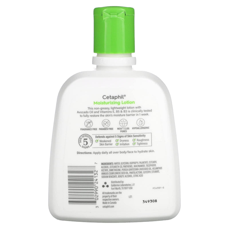 Cetaphil Moisturizing Lotion, Dry To Normal, Sensitive Skin, Avocado Oil & Essential Vitamins B5 & B3, 8 fl oz (237 ml) 8 Fl Oz (Pack of 1)