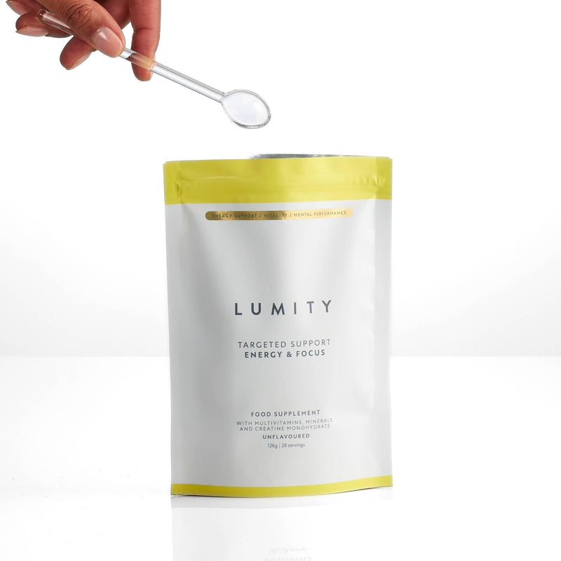 Lumity Energy & Focus Powder Multivitamin with Vitamin B6 & B12 & Lions Mane - Minerals, Biotin & Creatine Monohydrate for Cognitive Function, Enhanced Performance - Caffeine Free - 28 Servings