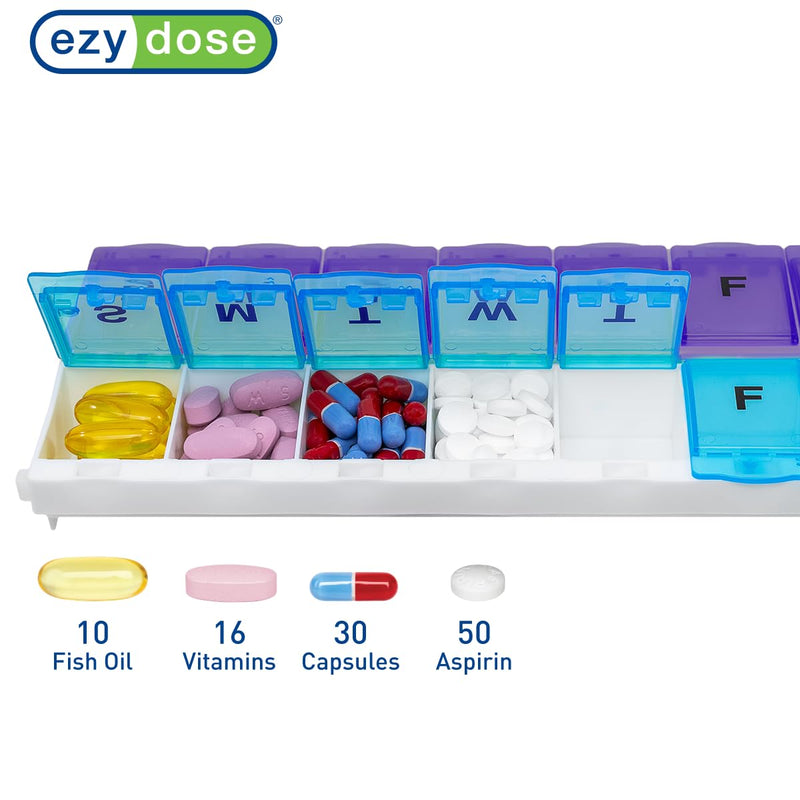 Ezy Dose Weekly (7-Day) AM/PM Pill Organizer, 2XL Planner, Blue/Purple | Daily Medicine, Vitamin & Supplement Case, 2 Times a Day Pop-Up Compartments, Arthritis-Friendly, Travel-Friendly, BPA-Free Blue and Purple