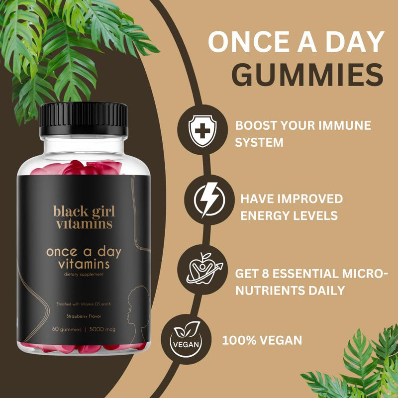 [Australia] - Black Girl Vitamins Once a Day - Womens Multivitamin Gummy - Vitamin A, B, C, E and Zinc. Multivitamin for Women, Immune Support. Vegan, Gluten-Free. Made in The USA (30 Day Supply, Strawberry) 60 Count (Pack of 1) 