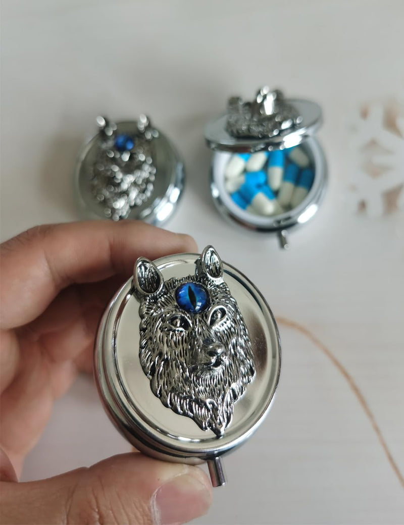 Pill Case with Wolf Head Sign Pill Box, Weekly Travel Pill Organizer | Small Pill Box for Purse, Cute Metal Pill Box Compact Portable Medicine Box, vitamin pill box organizer mini pill case Silver