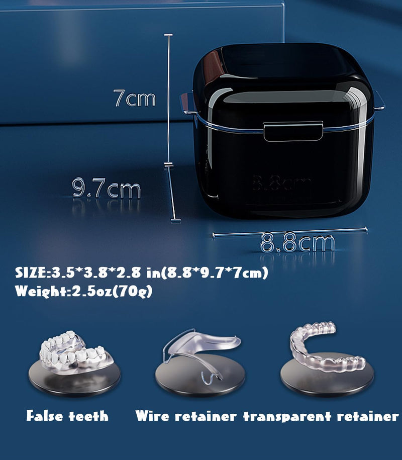 [Australia] - MURRI&MURRDI Retainer Case 2 Pack, Denture Case with Mirror, Denture Bath Box with Strainer Basket, Cute Denture Holder Mouthguard Storage Soak Container for Travel, Braces Cleaner Kit (C Dark Blue) C Dark Blue 