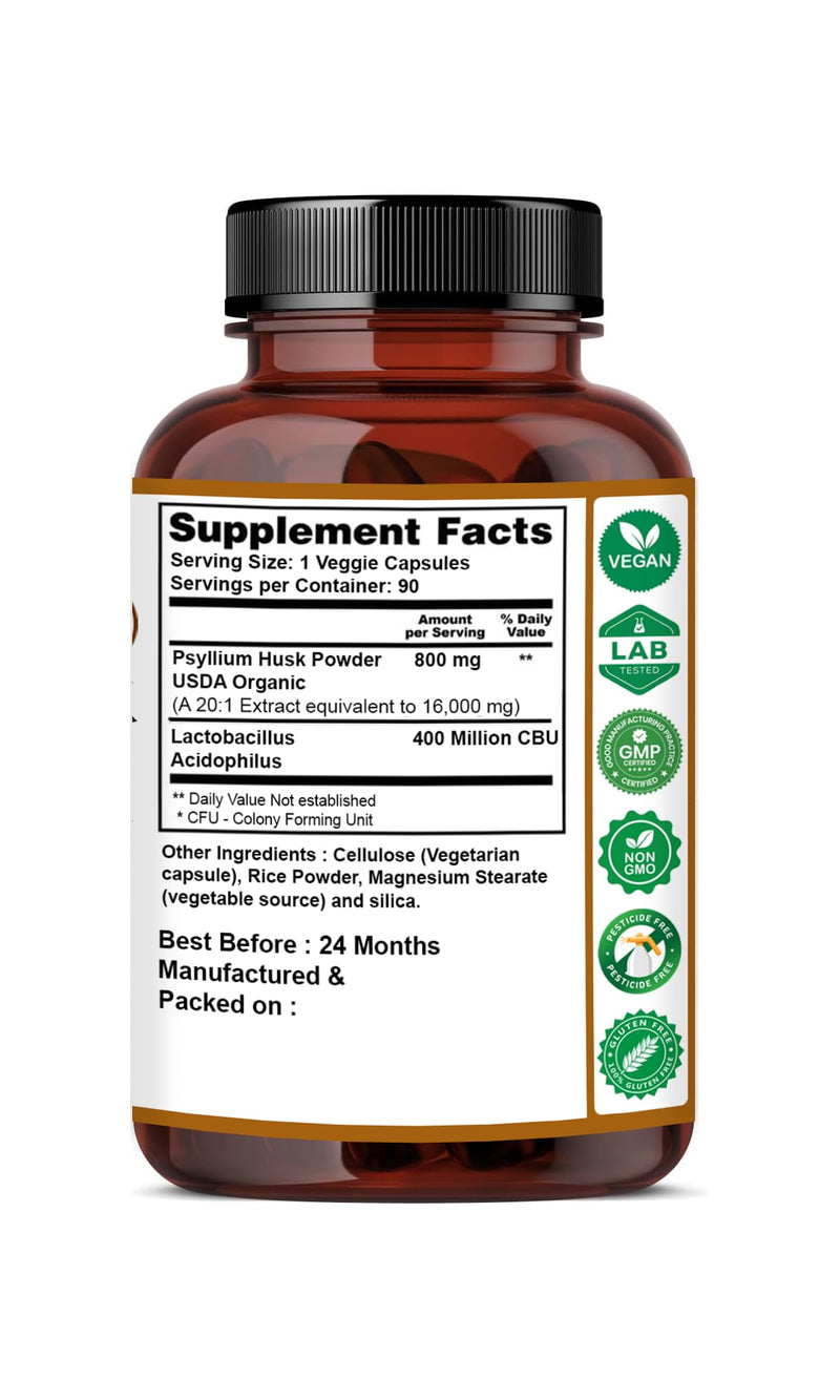 Naturfi Organic - Fibre Supplement 16,000 mg Psyllium Husk with Acidophilus - High Strength - Natural Soluble Fiber Supplement from Plantago Ovata Seeds, Vegan Capsules (270 Capsules (Pack of 3)) 270 Capsules (Pack of 3)