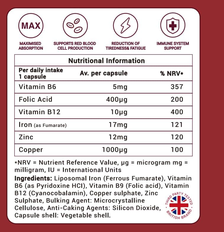 Gentle Liposomal Iron for Women - 17mg - Iron Supplement with Zinc, Folic Acid, B6, B12 & Copper, Fatigue Supplements with High Bioavailability - Vegan Guten Free(30 Capsules, 1 Month Supply)