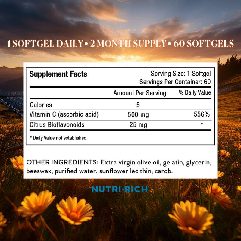 Vitamin C Supplement 500mg with 25mg Bioflavonoids, Ascorbic Acid–Immune, Antioxidant Support – No Soy, Gluten-Free, No Additives, Bioavailable Ingredients, Third-Party Tested (60 Softgels)