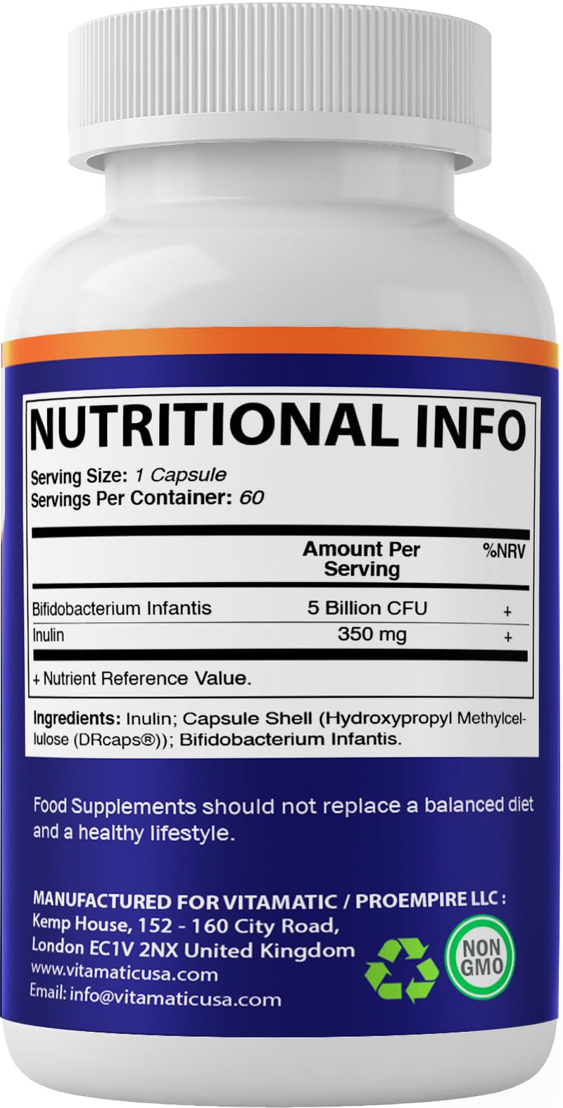 Vitamatic Bifidobacterium Infantis - 5 Billion per DR Capsule - 60 Count - Digestive Support - Made with Prebiotic Inulin Fiber