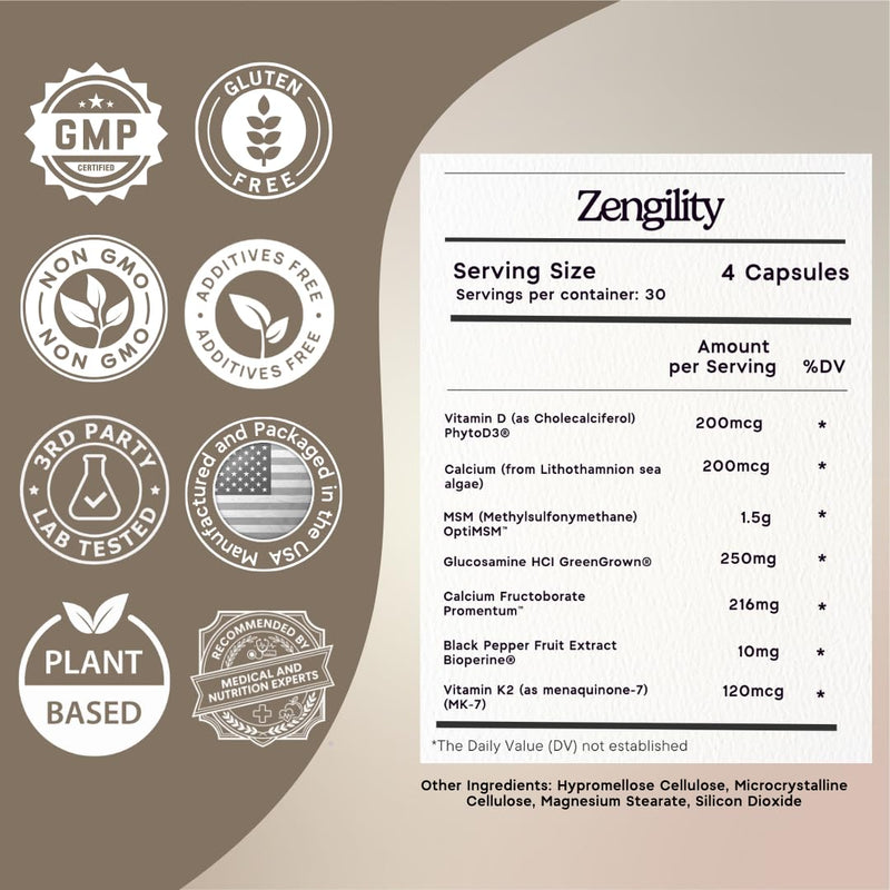 Zen Principle Zengility™ Joint Support & Bone Strength Supplement – Fast-Acting Relief with MSM, Plant Calcium, Vitamin K2 & D3. Shellfish-Free Vegan Formula for Mobility & Comfort. 120 Capsules 1