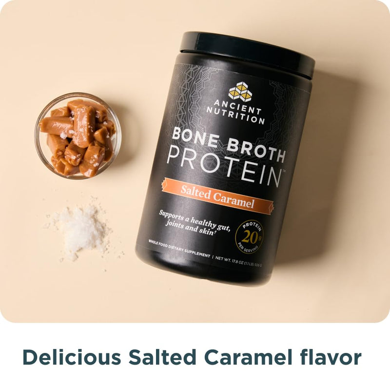 [Australia] - Ancient Nutrition Bone Broth Protein Powder, Salted Caramel, 19g Protein per Serving, Beef, Supports Healthy Skin, Gut Health, Joint Supplement, Gluten Free, Paleo and Keto Friendly, 20 Servings 