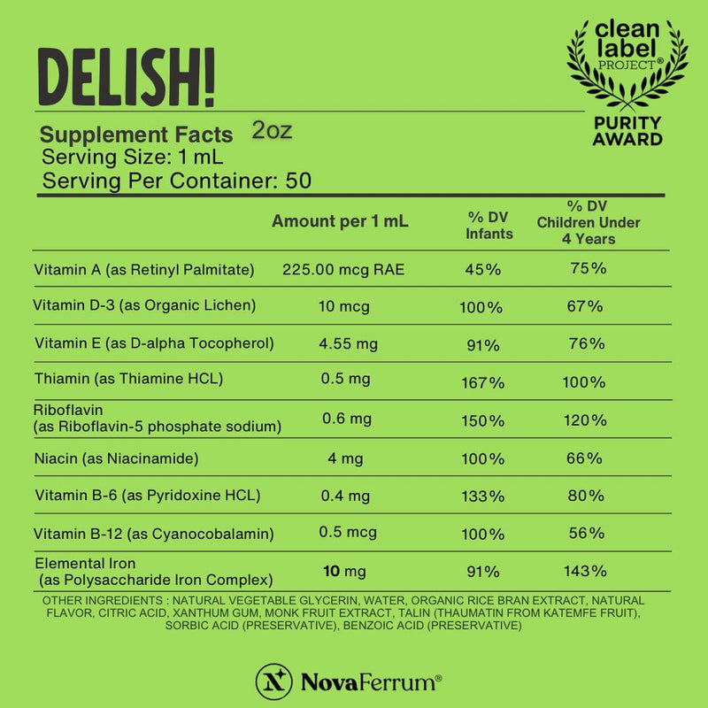 NovaFerrum Delish | Vegan Multivitamin with Iron for Infants, Toddlers & Kids | Immune Support | Organic Plant-Based D-3 | Gluten Free | Vegan Verified | Sugar Free | 1.69 Fl Oz (50 mL) Raspberry Grape 1.67 Fl Oz (Pack of 1)