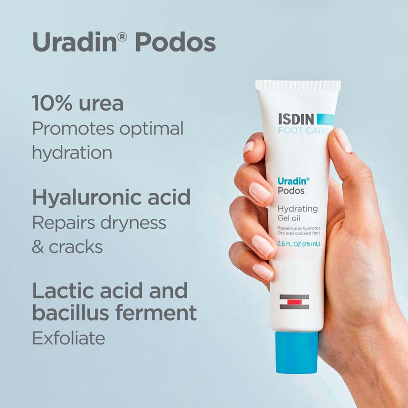 ISDIN Uradin Podos Foot Cream, 10% Urea, Repairs Cracked Feet, 2.5 fl oz | Fast Absorbing & Lightweight Formula, Hydrates Dry Feet, Exfoliates Thick Skin, Non-greasy, Dermatologist Recommended