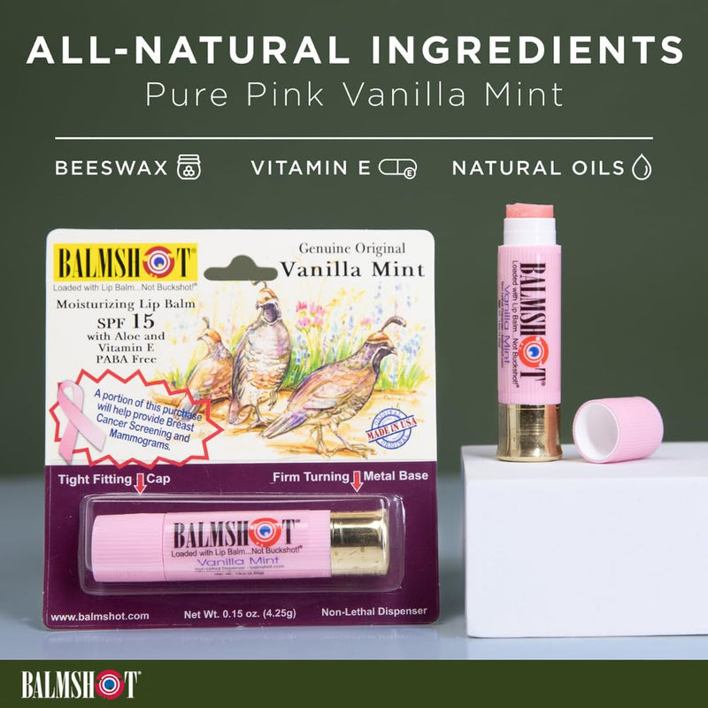 BALMSHOT Moisturizing Beeswax Lip Balm Pink (Vanilla Mint) SPF 15 - Chapstick with Aloe & Vitamin E, 20-Gauge Brass Shotgun Shell Tube, Made in USA