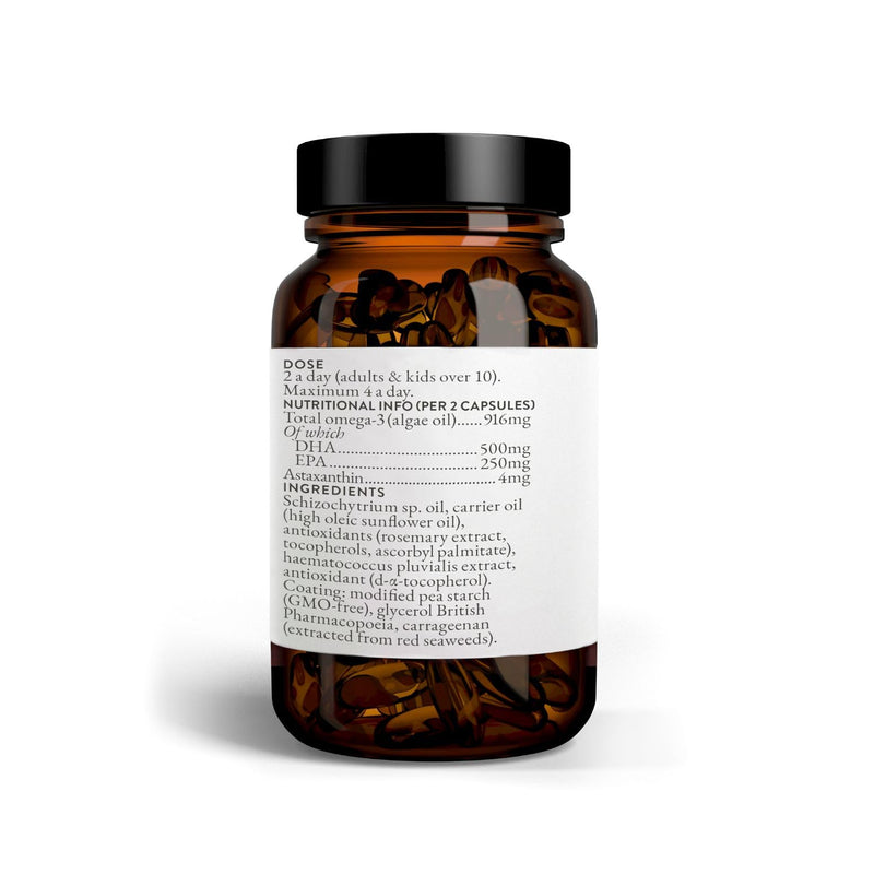 Bare Biology High Strength Omega 3 Algae Oil Capsules - EPA 250mg DHA 500mg - Pure Plant-Sourced, No Fish + Astaxanthin (30 Servings) Independently Tested for Purity