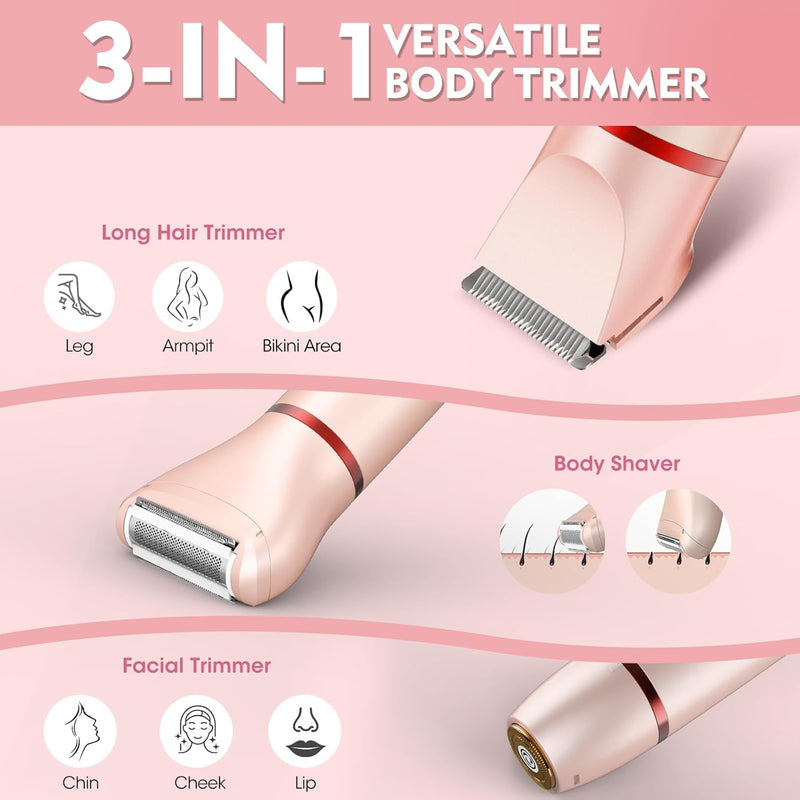 Bikini Trimmer for Women, 3 in 1 Electric Razors for Women, Rechargeable Electric Bikini Shaver, Waterproof Pubic Hair Trimmer and Facial Hair Remover with LED Display Pink